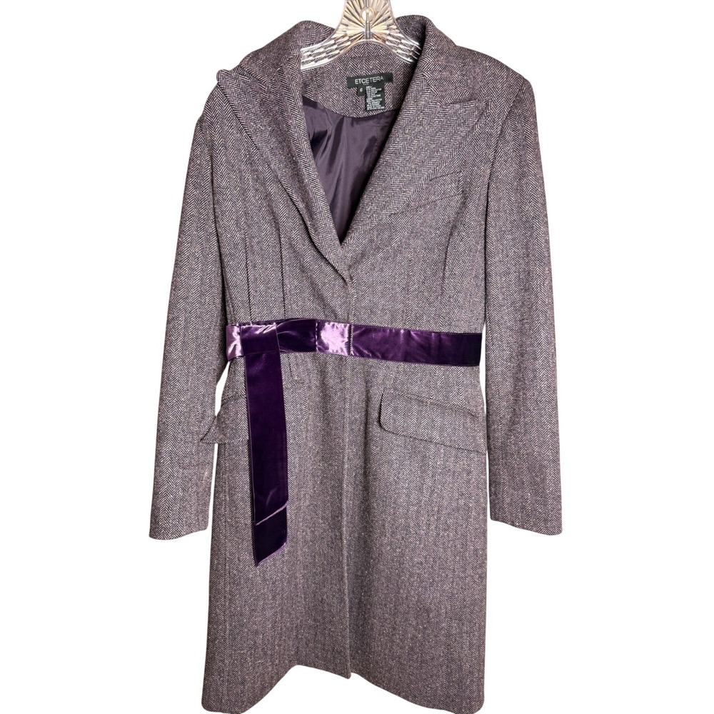 Etcetera Herringbone Wool Coat Women 6 Purple Silk Blend Velvet Belted Overcoat